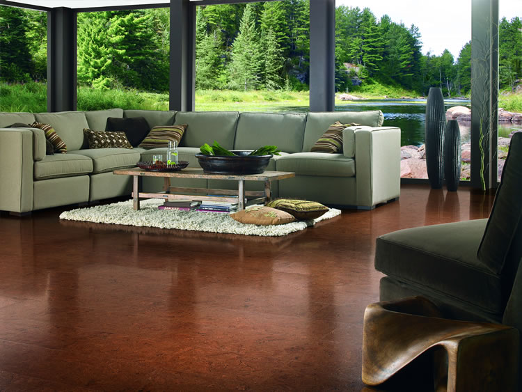 Florence Elite cork flooring from Torlys, in Burl Western Saddle — a durable and comfortable floor for pets and people!