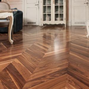 Room scene with Chevron hardwood flooring in American Walnut