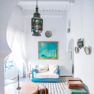 Living room scene with colourful tile floor