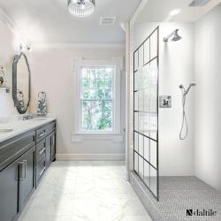 Bathroom scene showing multiple types of tile on floor and in shower enclosure