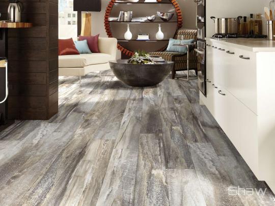 Room scene with Wilshire Boulevard luxury vinyl flooring by Shaw, in Mesa