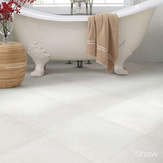 Bathroom scene with St. Pete 13 x 13 ceramic tile by Shaw, in Gulf