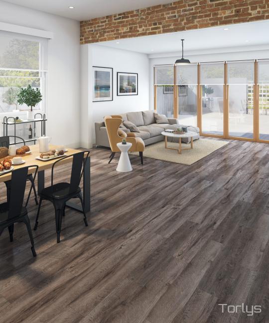 Room scene with Torlys RigidWood Firm Premier luxury vinyl flooring in Skyline