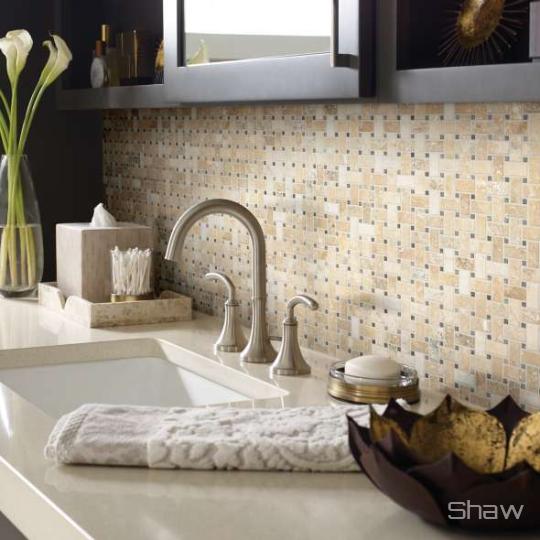Room scene with Boca Basketweave Mosaic stone tile in Spinnaker