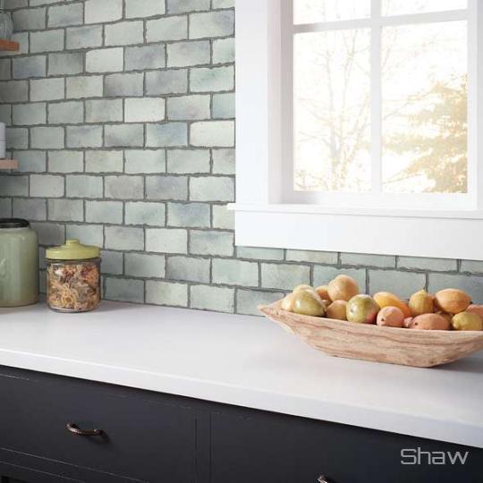 Kitchen scene with Islander ceramic tile by Shaw, in Seashell