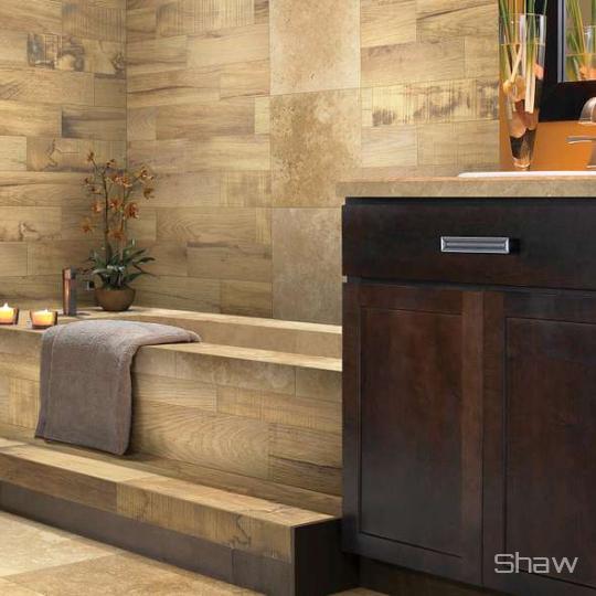 Bathroom scene with Napa Plank porcelain tile from Shaw, in Cask