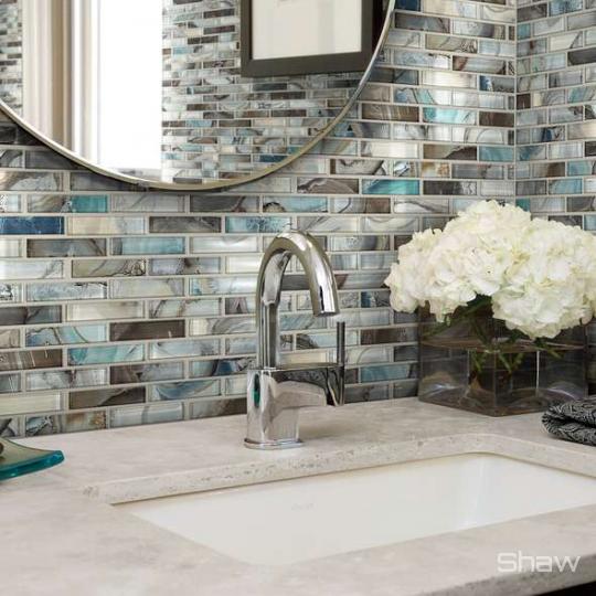 Bathroom scene with Mercury Glass tile from Shaw, in Mica