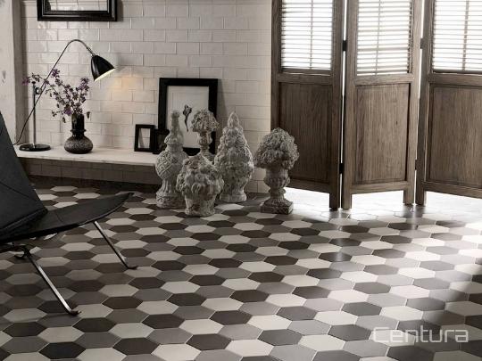 Room scene with Hexatile Matte porcelain tiles from Centura in varying colours