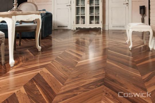 Room scene with Chevron hardwood flooring in American Walnut