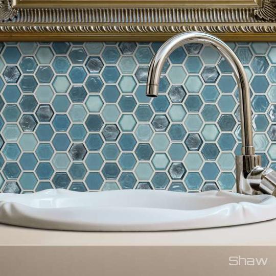 Bathroom scene with Molten Hexagon Glass tile by Shaw, in Santorini