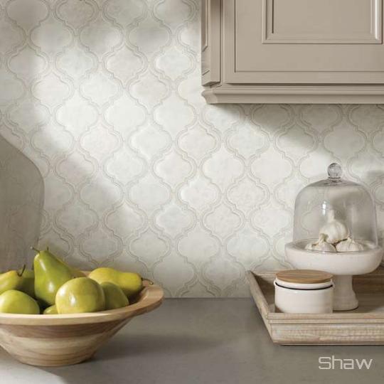 Kitchen scene with Geoscapes glass tile from Shaw, in White