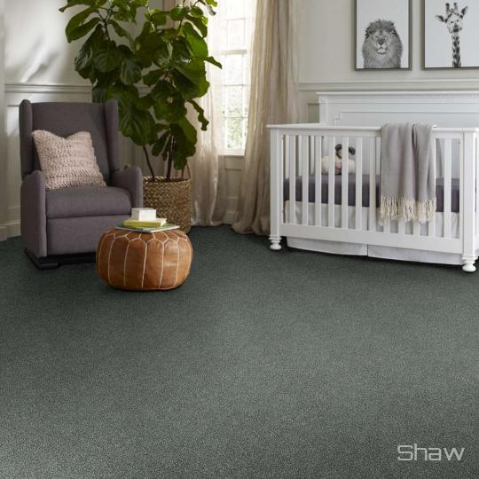 Room scene with Points of Colour II carpet by Shaw, in Sea Glass