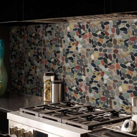 Kitchen scene with Pebble Sliced stone tile wall by Shaw, in Savannah