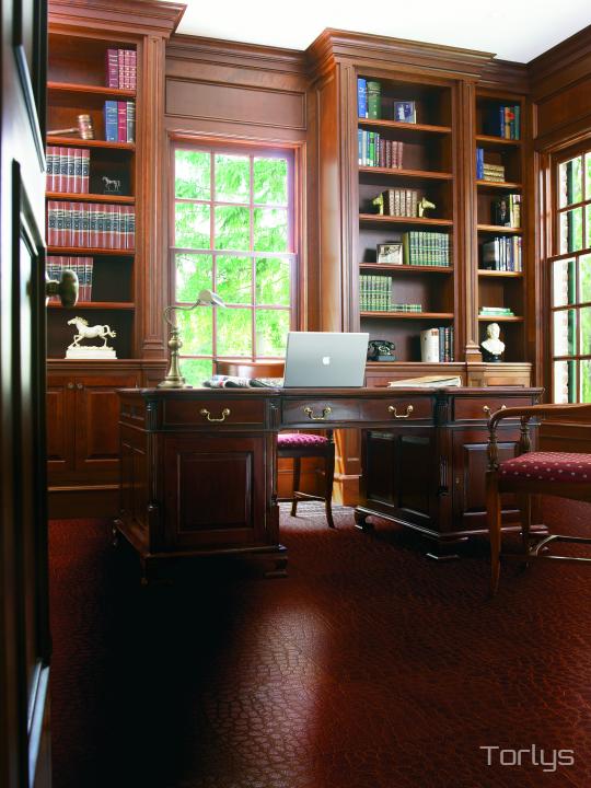 Room scene with Torlys leather tile flooring in Modena Wine