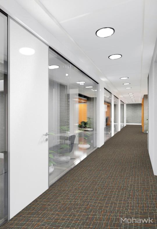 Hallway with Amity carpet tiles, by Mohawk, in Smoky Martin