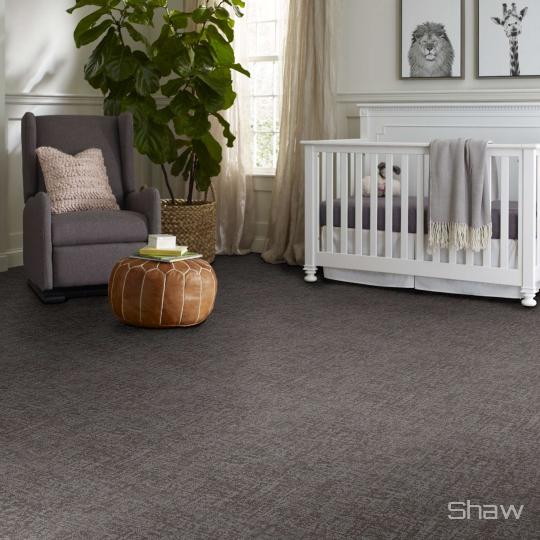 Room scene with Fine Structure carpet by Shaw, in Grounded Grey